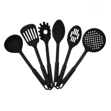 Imagem de Kit UtensíLios De Cozinha, Kit UtensíLios De Cozinha Silicone, Conjunto 6 Utensilios Com Gancho De Cozinha De Nylon Colher Concha Escumadeira EspáTula Pegadores(PRETO)
