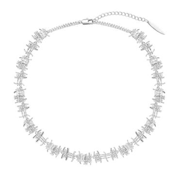 Imagem de ACC PLANET Colar de corrente grossa de prata para mulheres, colar de gargantilha de zircônia cúbica trançada banhada a prata moderna e delicada para mulheres, joias e presentes