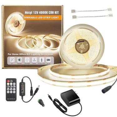 Imagem de Hosyl Kit de fita de luz LED COB regulável com controle remoto RF e fonte de alimentação UL12v, CRI 93+ fita de luz branca natural cortável 4000K para iluminação embaixo do armário, humor do quarto e