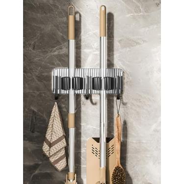 Imagem de 2 prateleiras com 3 ganchos suporte de vassoura, esfregão de parede e gancho de vassoura, montado na parede, rack de armazenamento de garagem, organizador de ferramentas de jardim de cozinha