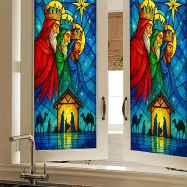 Imagem de HOMETITUTE Película de privacidade para janela de presépio de três sábios vitral decorativo religioso adesivo de vidro aderente estático para casa, escritório, banheiro, quarto, sala de estar, 48 x