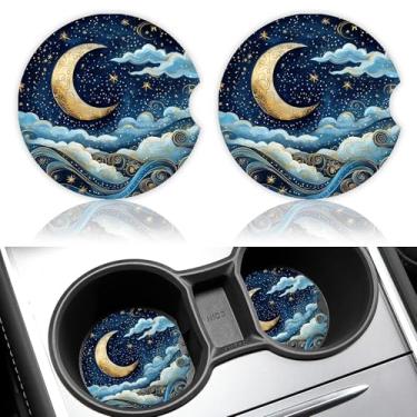Imagem de Pacote com 2 porta-copos de carro, suporte de copo de cerâmica lunar de 6 cm, porta-copos absorvente universal automático, antiderrapante, com base e entalhe de dedo, conjuntos de acessórios