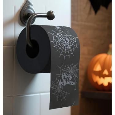 Imagem de Papel higiênico de teia de aranha para decoração de Halloween - Rolo higiênico de terror realista para decoração de festa, suprimentos de brincadeiras, decoração de banheiro de casa assombrada