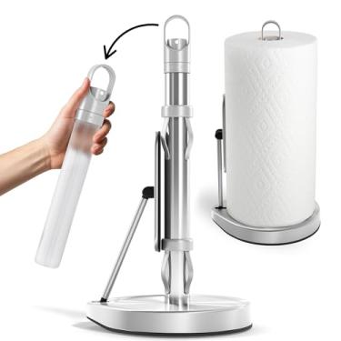 Imagem de Suporte de toalha de papel de aço inoxidável com braço de tensão e bomba de pulverização – rasgo com uma mão, sistema de tração inteligente, ventosas resistentes, base pesada, dispensador de toalha de