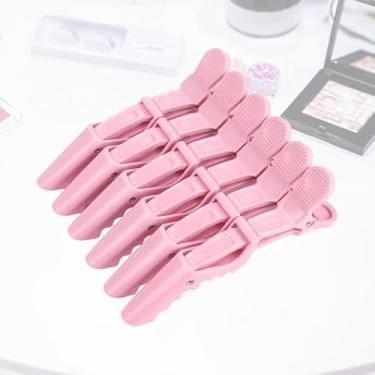 Imagem de Pacote com 6 clipes de cabelo de jacaré antiderrapantes para salão de beleza - Clipes de corte de cabelo de plástico preto durável com dentes largos para uso profissional, rosa