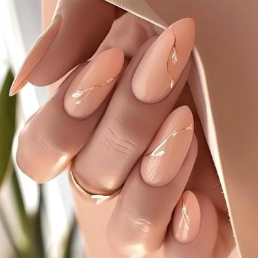 Imagem de Kit de unhas de pressão médio longo amêndoa nude cola falsa conjunto de unhas com design com folhas simples design cobertura completa bastão falso artificial em unha de acrílico para mulheres uso