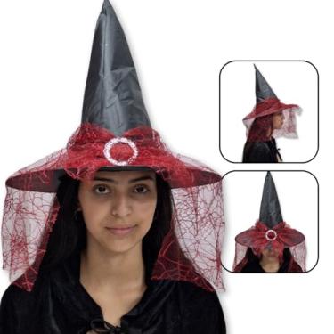Imagem de Chapéu de Bruxa Preto com Fecho e Renda Vermelha