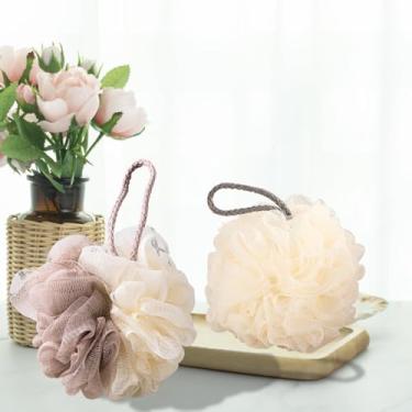 Imagem de Esponja de bucha, bucha de banho, esponja de banho esfoliante, dois painéis de cores, cuidados essenciais para a pele do chuveiro.