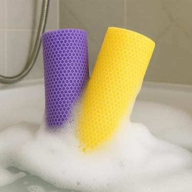 Imagem de Conjunto de 2 peças de rede de esponjas africanas, esfoliante de rede de banho, esfregão corporal de chuveiro excepcional e panos de lavagem corporal confiáveis para uso diário (roxo e amarelo)