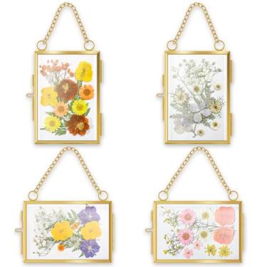 Imagem de 4 molduras de flores prensadas de vidro para pendurar, molduras de flores prensadas com corrente, linda moldura de flor prensada de vidro duplo, minimalista, flutuante, para decoração de parede de