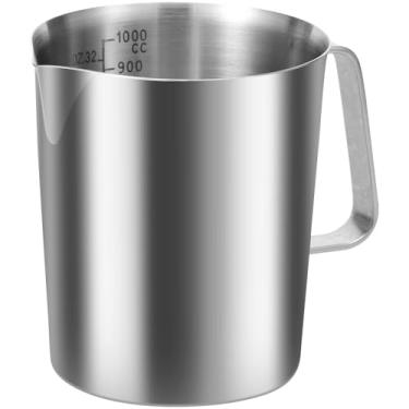 Imagem de Copo medidor de café de aço inoxidável 500/1000 ml, jarro de espuma de leite, jarro de barista com alça à prova de ferrugem, copo graduado de metal com marcação clara para restaurante doméstico (1000