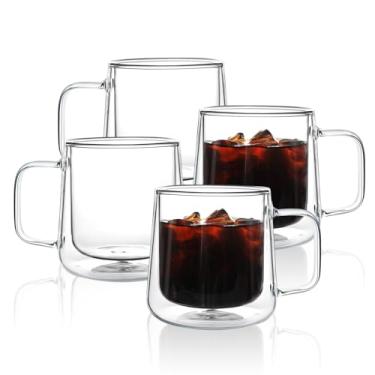 Imagem de Aurzen Canecas de café de vidro de 370 ml, copos de vidro isolados de parede dupla com alça, canecas de café expresso transparentes para latte, cappuccino, saquinho de chá (4, 368 g)