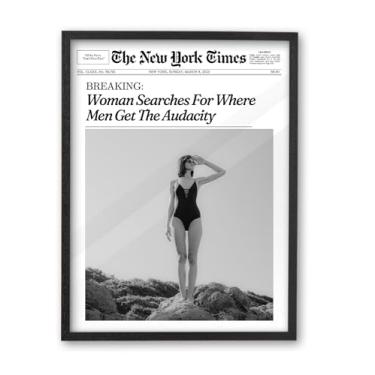 Imagem de iHery Arte de parede emoldurada moderna de madeira de carvalho preto natural premium 30,5 x 40,6 cm, mulher retrô procura onde os homens obtêm a Audacity, decoração de parede em tela para dormitório