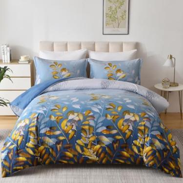 Imagem de DJY Conjunto de edredom Queen, com folhas botânicas, dourado, reversível, 3 peças, de microfibra macia, para todas as estações (228 x 228 cm)