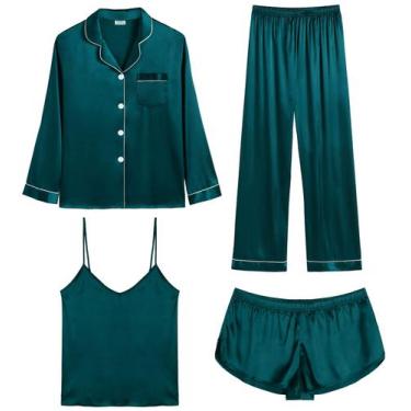 Imagem de Conjunto de pijama feminino SWOMOG, cetim, 4 peças, verde escuro, tama