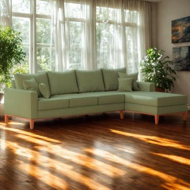 Imagem de Sofá 4 Lugares Beny Com Chaise Direito Linho Verde Oliva