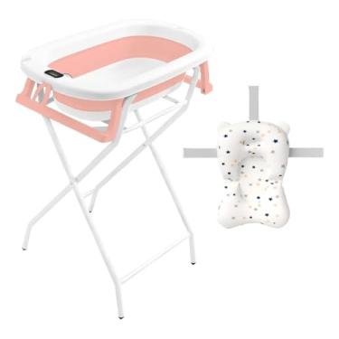 Imagem de Banheira Bebe Com Suporte Dobravel Almofada Banho Termometro - Rosa