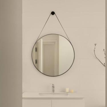 Imagem de Espelho Decorativo Redondo 60cm Adnet Suspenso com Alça em Couro Cor Café para Banheiro Quarto Sala