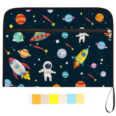 Imagem de WEBEEDY Pasta de arquivo expansível com 13 bolsos Star Rocket Planets Astronauta Acordeão Organizador de arquivos com 12 etiquetas coloridas e zíper, organizador de documentos portátil para recibo de
