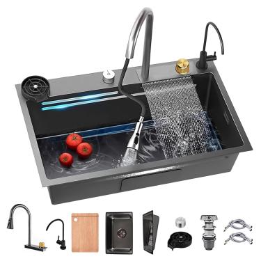 Imagem de Pia De Cozinha Inteligente Com Display De Temperatura Pia De Estação De Trabalho De Aço Inoxidável Com Lavadora De Copos Tigela única Nano-revestida Com Cascatas Duplas, Black-gray-2, 68cm