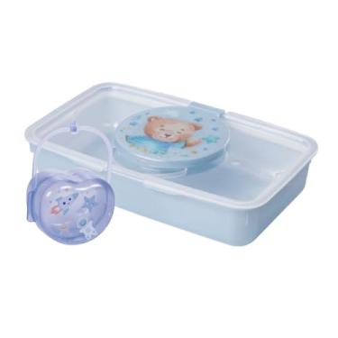 Imagem de Kit Higiene Bebê Porta Lenço Com Borracha De Vedação + Porta Chupeta Decorado (Azul)