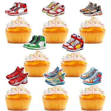 Imagem de 32 peças de topo de cupcake, sapatos esportivos palhetas de cupcake para crianças, meninos, festa de aniversário, tema de tênis, decorações de bolo, suprimentos de aniversário