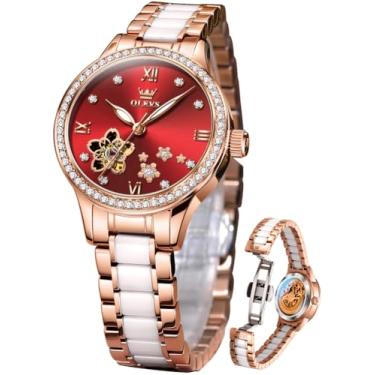Imagem de OLEVS Relógios femininos automáticos luxuosos, relógio feminino, pulseira de cerâmica, ouro rosa, corda automática, relógio de pulso feminino, relógio vermelho feminino, relógio feminino