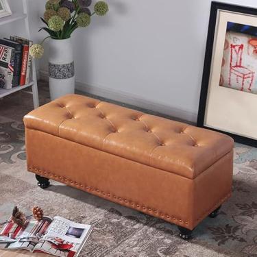 Imagem de Banquetas Ottomans banco de cama com grande espaço de armazenamento, janela de apoio para os pés no corredor, caixa de armazenamento de assento acolchoado, couro sintético/T/120 x 45 x 40 cm