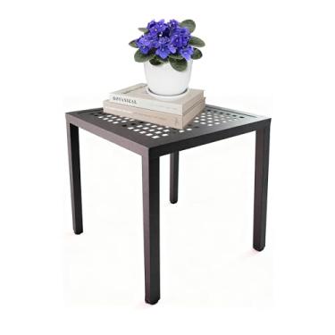 Imagem de DHYGOTFUR Mesa lateral quadrada de alumínio resistente – mesa de centro externa com moldura à prova de ferrugem revestida em pó, móveis de pátio resistentes para jardim, deck, área de piscina (marrom