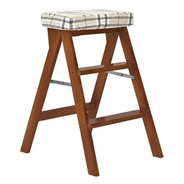 Imagem de BSNANCA Banqueta de bar dobrável banquinho multifuncional banquinho alto portátil criativo almofada de tecido de linho (cor marrom e original de madeira) Bancos de bar Altura do balcão (Cor: Marrom D)
