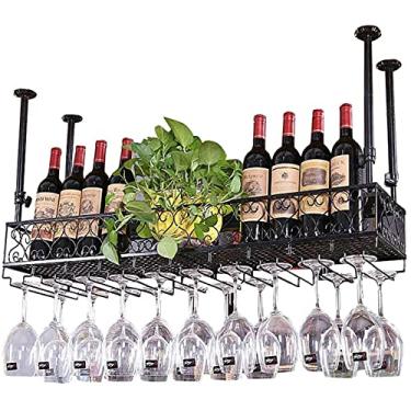 Imagem de Prateleira de parede de metal para bar | Suporte de garrafa de vinho para pendurar na parede com altura ajustável | Suporte de copo de vinho de teto suspenso | Suportes de copos pretos