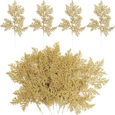 Imagem de 10 agulhas de pinheiro artificial de Natal, glitter dourado falso, palitos de galhos para decoração de guirlanda de árvore de Natal, buquê de casamento