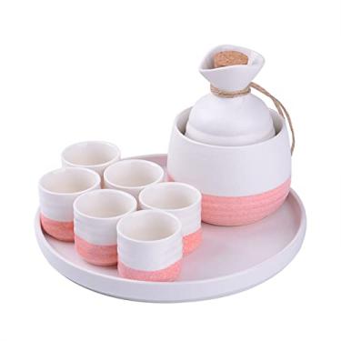 Imagem de GAORUIFENG Conjunto de 9 peças de copos de vinho de cerâmica rosa com bandeja de cerâmica, copos de artesanato tradicional para frio/quente/saquê quente/shochu/chá, melhor presente para família e