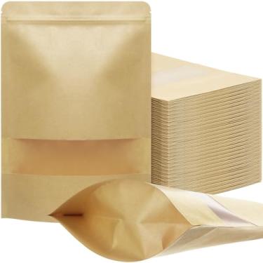 Imagem de Geosar 420 sacos kraft com janela de 17 x 25 cm, bolsas de papel com zíper a granel, armazenamento de alimentos, sacos reutilizáveis seláveis a quente para embalagem, casa, negócios, escritório