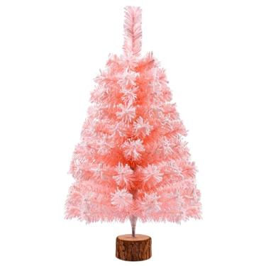 Imagem de Árvore de Natal artificial de 7,5 m, árvore de Natal rosa com neve flocada mini pinheiro de Natal com suporte de madeira para decoração de casa de férias ao ar livre