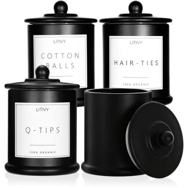 Imagem de LITIVY Pacote com 4 organizadores e armazenamento de banheiro – Suporte Qtip de vidro de 473 ml e dispensador de almofada de algodão com tampa, frascos de boticário para casa, decoração de quarto