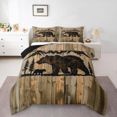 Imagem de Erosebridal Conjunto de edredom solteiro com urso, rústica, caça na selva, madeira e animais, casa de fazenda, campo, porta de celeiro, macio, quente, 2 peças com 1 fronha