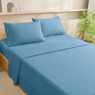 Imagem de MCO Conjunto de lençóis Queen refrescante, raiom derivado de lençóis de bambu, jogo de cama luxuoso e sedoso com bolso profundo de 40,6 cm (Queen, azul)