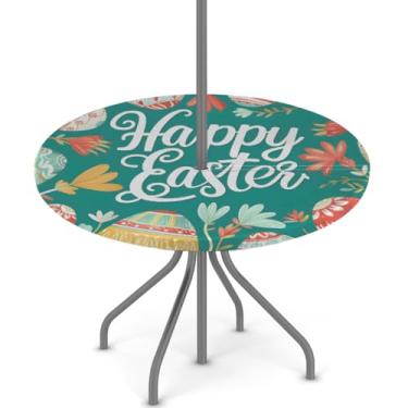 Imagem de hongjinglin Toalha de mesa de Páscoa para uso ao ar livre com orifício para guarda-chuva, toalha de mesa redonda elástica com zíper, impermeável, limpável, para piquenique, festa, pátio, serve para