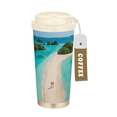Imagem de SEHANY Caneca de viagem Summer Sea Beach Starfish 482 g Copos de café reutilizáveis revestidos de cerâmica com tampa à prova de vazamento, parede dupla, isolamento a vácuo, copo de café de aço