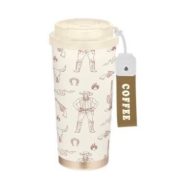 Imagem de SEHANY Caneca de viagem vintage caubói ocidental 482 g xícaras de café reutilizáveis revestidas de cerâmica com tampa à prova de vazamento, parede dupla, isolamento a vácuo, copo de café de aço