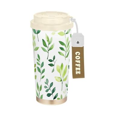 Imagem de SEHANY Caneca de viagem Green Leaves de 482 ml Copos de café reutilizáveis revestidos de cerâmica com tampa à prova de vazamento, parede dupla, isolamento a vácuo, copo de café de aço inoxidável para