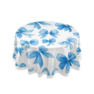 Imagem de SEHANY Toalha de mesa redonda com laço azul de 152 cm, tecido lavável sem rugas, toalha de mesa decorativa de renda para restaurante, casamento, acampamento, festa de cinco de maio