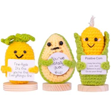 Imagem de CoFuBcad 3PCS Handmade Emotional Support Avocado Gift with Positive Card, Cute Crochet Avocado Knitted Doll Decoration with Front Card, Wooden Base for Birthday Gift Home Decoration(A9)
