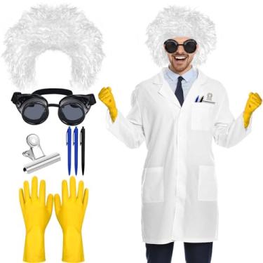 Imagem de JcHrmers 6 peças de fantasia de cientista maluco de Halloween para adultos com jaleco de laboratório, óculos, peruca, luvas de borracha para festa de Halloween, Multicor, GG