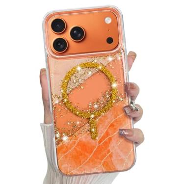 Imagem de Bonoma Capa magnética para iPhone 17 Pro Max 2025 【Suporte para Magsafe】 Capa de borda à prova de choque de cristal brilhante de mármore brilhante - laranja