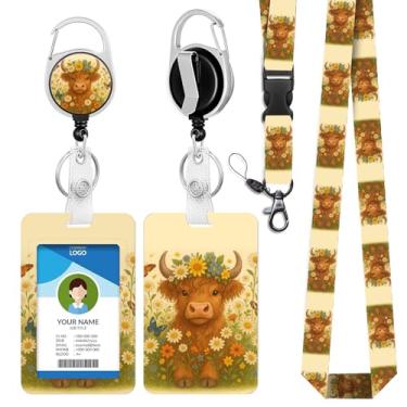 Imagem de IBOVODI Cordões Highland Cows para crachás de identificação, cordões de separação ajustáveis com clipe de carretel de mosquetão retrátil, lindo margarida floral, cartão de identificação, protetor de