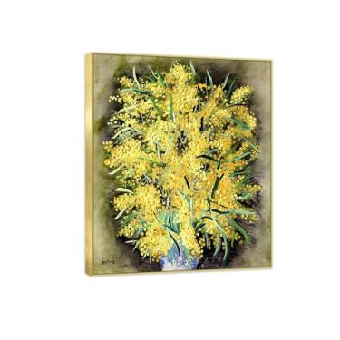 Imagem de BMZFYBS Pintura de arte de parede de flores - imagem de decoração vintage - Mimosas 3 - impressões em tela de moldura dourada para sala de estar 70 x 85 cm 27 x 33 pol
