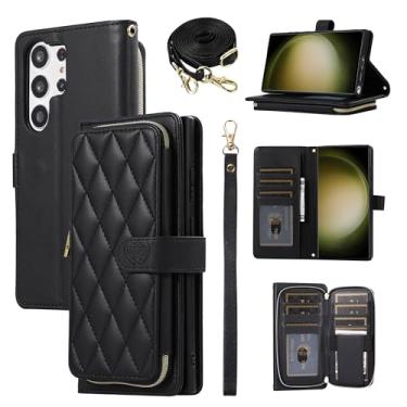 Imagem de YYTVN Capa carteira para Samsung Galaxy S24 Ultra de 6,8 polegadas com zíper para cartão, bolsa transversal elegante capa protetora com alça de ombro e alça de pulso para Galaxy S24 Ultra - preta