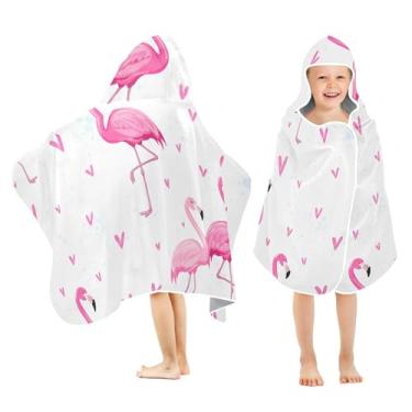 Imagem de Burbuja Toalha de banho com capuz de coração flamingos rosa para crianças, toalha de praia de pelúcia absorvente macia para meninas e meninos 3-10 anos, 61 x 127 cm